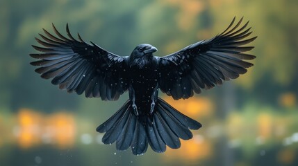 Obraz premium A black raven flies against a softly focused natural background with glistening feathers.