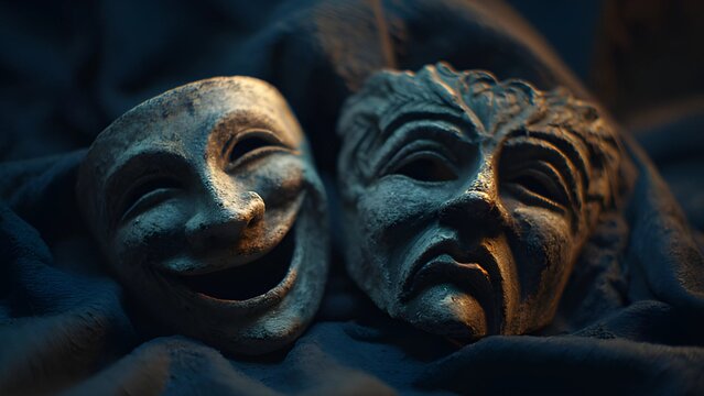 Comedy tragedy masks on dark background. Drama masks, happy sad masks human emotion. Two classic theatrical masks of comedy and tragedy. Thalia, muse of comedy, Melpomene, muse of tragedy. 