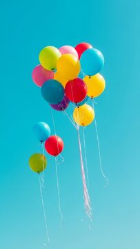 A vibrant cluster of colorful helium balloons ascending gracefully into a clear blue sky, symbolizing joy, celebration, and freedom