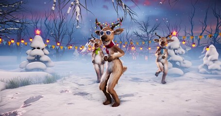 Christmas Party: funny reindeer dance on a winter holiday background. Animated video for greeting cards, festive events, and New Year’s parties. - Powered by Adobe