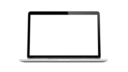 Silver laptop computer with blank white screen isolated on a transparent background blank screen
