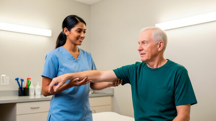  Healthcare professional assisting senior patient in clinical setting