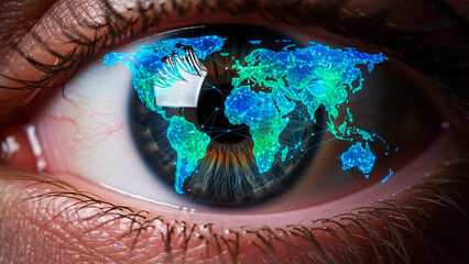 Human eye with world map overlay symbolizing global vision and awareness