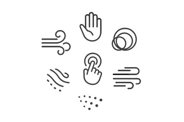 Obraz premium Air Connection Icons. Line style vector icons of Air Connection: wind curves, open fingers, abstract rings, touch waves, breeze