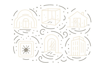 Obraz premium Radiant Architectural Icons. Line style vector icons of Radiant Architecture: curved lines, glowing frames, luminous rooms, soft