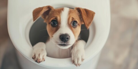 An adorable puppy peeking out playfully from inside a toilet bowl brings delightful joy
