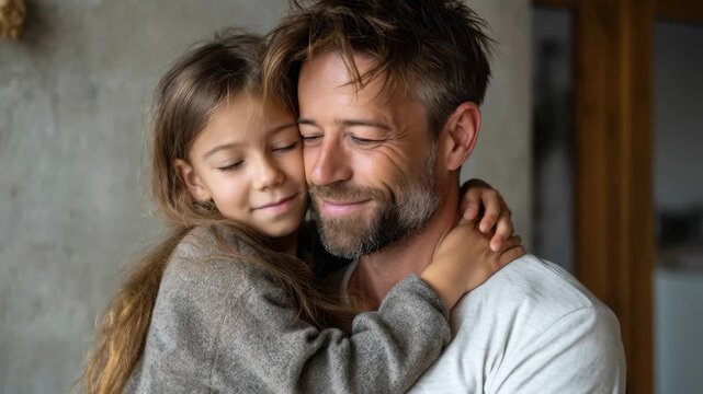 Celebrate Father's Day with a joyful family moment as a daughter embraces her father lovingly in a cozy indoor setting capturing warmth and connection