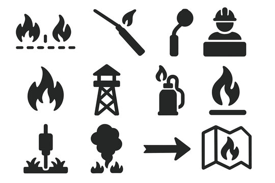 Controlled Burn Icons. Solid style icons of Controlled burn management: backfire line, ignition tool, firebreak, monitoring post,
