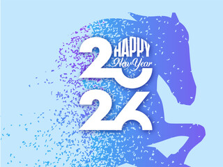 Oriental horoscope card. Festive design, horse and number 2026 with text Happy New Year for holiday cards and decorations.