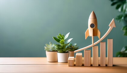wooden rocket toy with rising bar graph on wooden desk representing business growth and startup success with interior plants