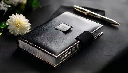 elegant guestbook for condolences with pen on black tablecloth at funeral service