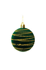 A single Christmas ornament on a white background in shades of green and gold