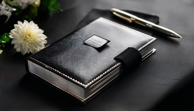 elegant guestbook for condolences with pen on black tablecloth at funeral service