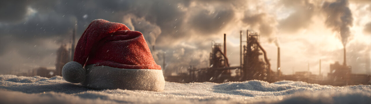 Santa laus hat placed on snowy steel mill site, furnaces in background. Concept of Christmas celebration in the industrial setting and environment.