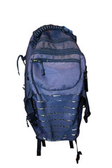 A blue backpack with multiple zippers, ready for adventure or travel