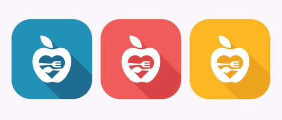 colorful icons of apple with fork and knife on squares