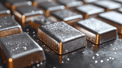 Close-up shot of silver bars displaying a pattern of dispersed white particles across their reflective surface.
