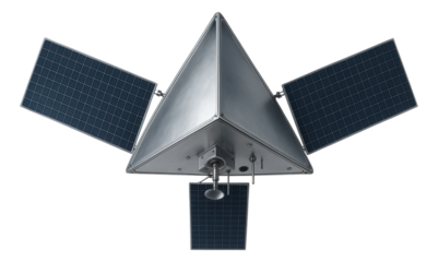 Triangular prism satellite featuring three extended solar panels for navigation.