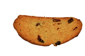 A partially consumed cookie with raisins, suitable for food or snack photography