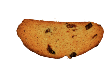 A partially consumed cookie with raisins, suitable for food or snack photography