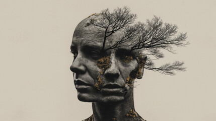 Surreal double exposure portrait of a human head split into two identical faces with dry tree branches. Concept of schizophrenia, split personality, bipolar disorder, identity crisis and mental health
