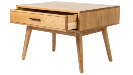 Mid century modern oak nightstand with one open drawer and sleek black handle on a clean for interior design on transparent background