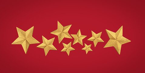 Golden Christmas stars on red festive background, luxury holiday decoration.