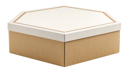 Elegant hexagonal gift box with natural kraft base and cream textured lid perfect for premium packaging or keepsake storage presentation on transparent background