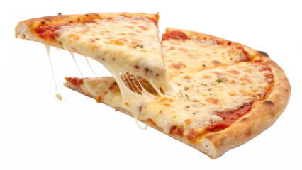 Delicious slice of classic cheese pizza being lifted from the whole pie revealing long strings of melted mozzarella cheese against a on transparent background
