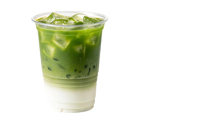 Refreshing iced matcha latte with layered milk and vibrant green tea served in a clear plastic cup against a for commercial use on transparent background