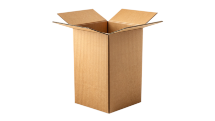 Tall corrugated cardboard shipping box with open flaps ready for packing or moving contents securely on transparent background