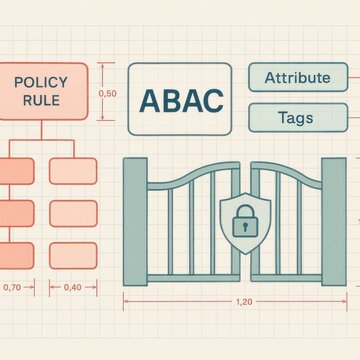 Conceptual representation of ABAC policy rule framework illustrating attributes tags and security measures in data management using a grid layout for precise visualization