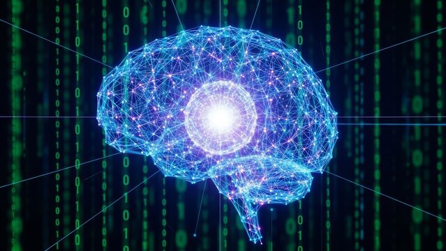 Digital artificial intelligence brain made of glowing blue plexus lines. Futuristic concept of neural network, deep learning and big data processing on green binary code matrix background. - Powered by Adobe