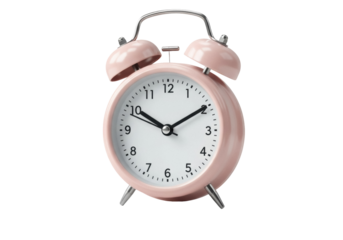 Pink alarm clock isolated PNG on transparent background, retro style twin bell clock for time management and wake-up calls