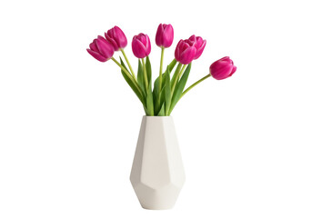 Elegant pink tulips in a modern vase isolated PNG, spring flower arrangement on transparent background for design and decoration