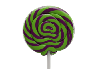 Swirled lollipop PNG isolated on transparent background, green and purple candy with stick for party favors and sweet treats