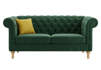 Elegant emerald green velvet sofa with yellow pillow isolated PNG, luxurious couch for living room interior design on transparent background