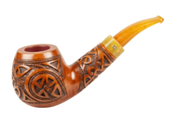 Ornate wooden smoking pipe isolated PNG, tobacco accessory with Celtic knot carvings for collectors and vintage enthusiasts