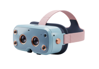 Modern light blue VR headset PNG isolated on transparent background, virtual reality glasses for gaming and metaverse experience