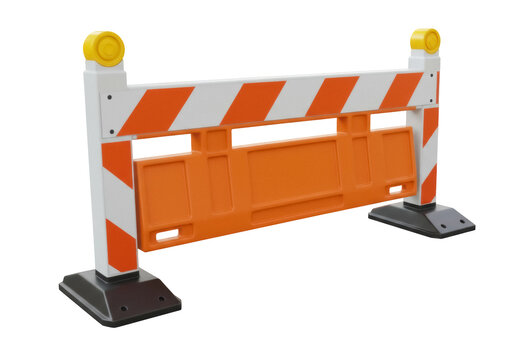 Orange and white striped traffic barricade PNG isolated on transparent background, construction site safety barrier for road work