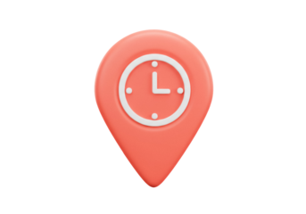 Salmon pink map pointer with clock isolated PNG, location pin with time icon on transparent background for delivery and scheduling