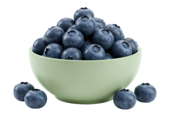 Fresh blueberries in a bowl isolated PNG, ripe and juicy berries with water droplets for healthy eating and summer fruit concepts