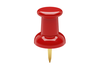 Red push pin isolated PNG on transparent background, office supply for bulletin boards and presentations A classic stationery item