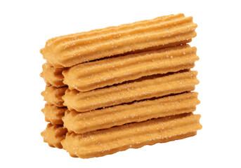 Stack of churro pastries isolated PNG, traditional Spanish dessert with sugar coating on transparent background, sweet snack for breakfast