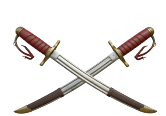 Crossed medieval swords PNG isolated on transparent background, antique weapons with red handles and golden details for historical reenactment