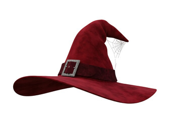 Red witch hat with spiderweb isolated PNG, Halloween costume accessory for spooky season and magical themes on transparent background