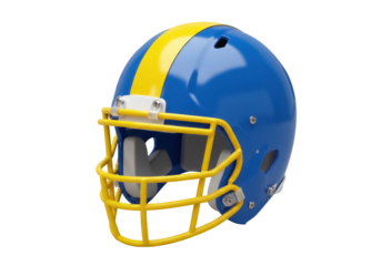 Blue and yellow football helmet PNG isolated on transparent background, sports equipment for protection and competitive play