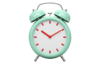 Mint green alarm clock PNG isolated on transparent background, retro style timepiece for reminders and time management