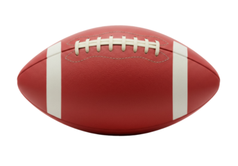 American football PNG isolated on transparent background, red leather ball with white stripes and laces for sports design and game day graphics