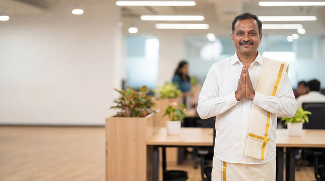 Man greeting with namaste gesture in modern office, wearing traditional Indian white dhoti and shawl, professional workplace interior with desks and plants in background